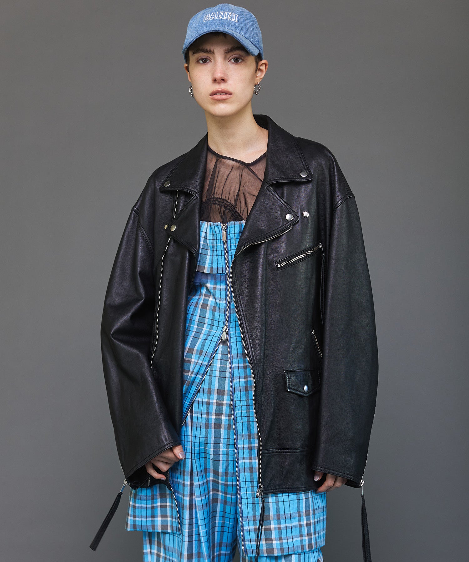 [Dior] DIOR Men's Zip-up Leather Riders Jacket Blouson 463L499A0182 Blue 50 [Used] [Authenticated and Guaranteed Authentic] 205187