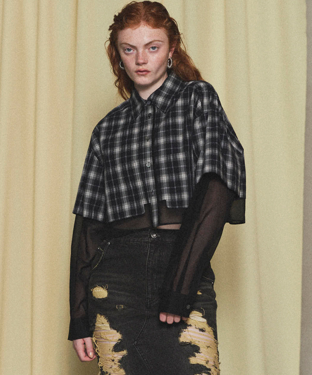 SALE】Layered Sheer Fabric Short Length Shirt