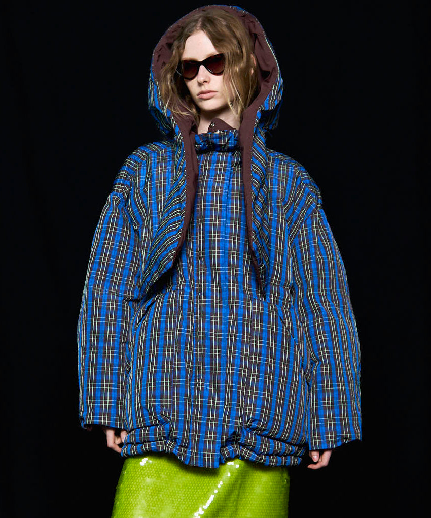【25AUTUMN PRE-ORDER】Plaid Hoodie Scarf Middle Down Coat