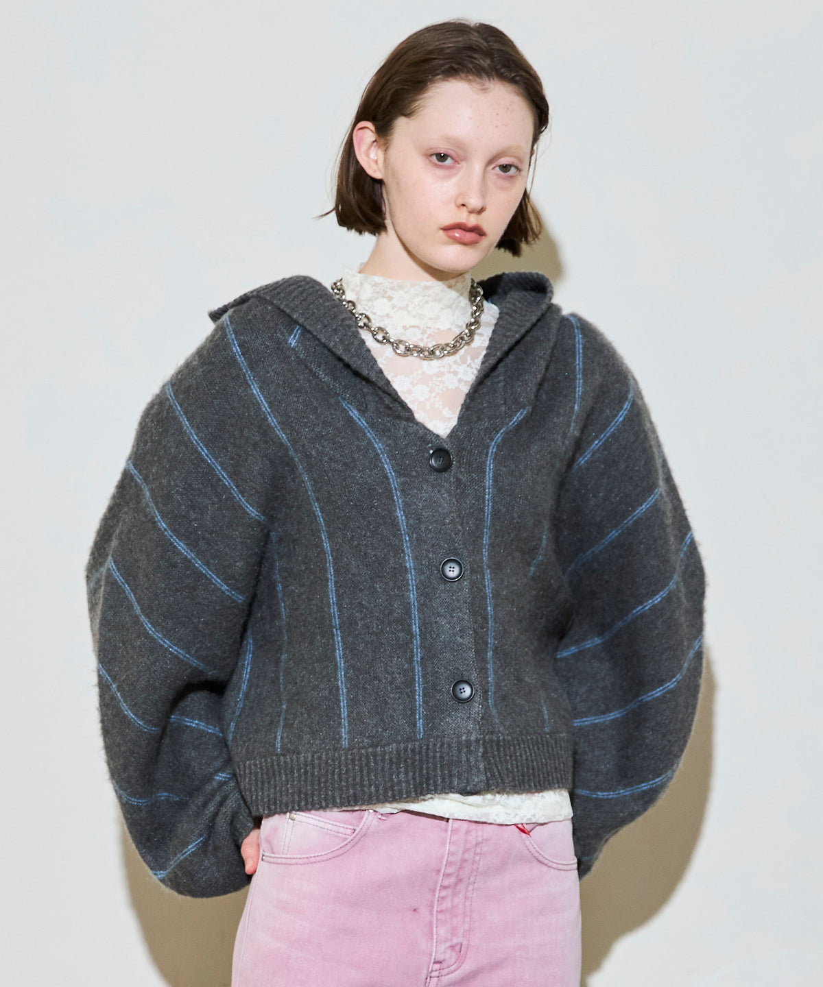 【25WINTER PRE-ORDER】Power Shoulder Hood Knit Cardigan