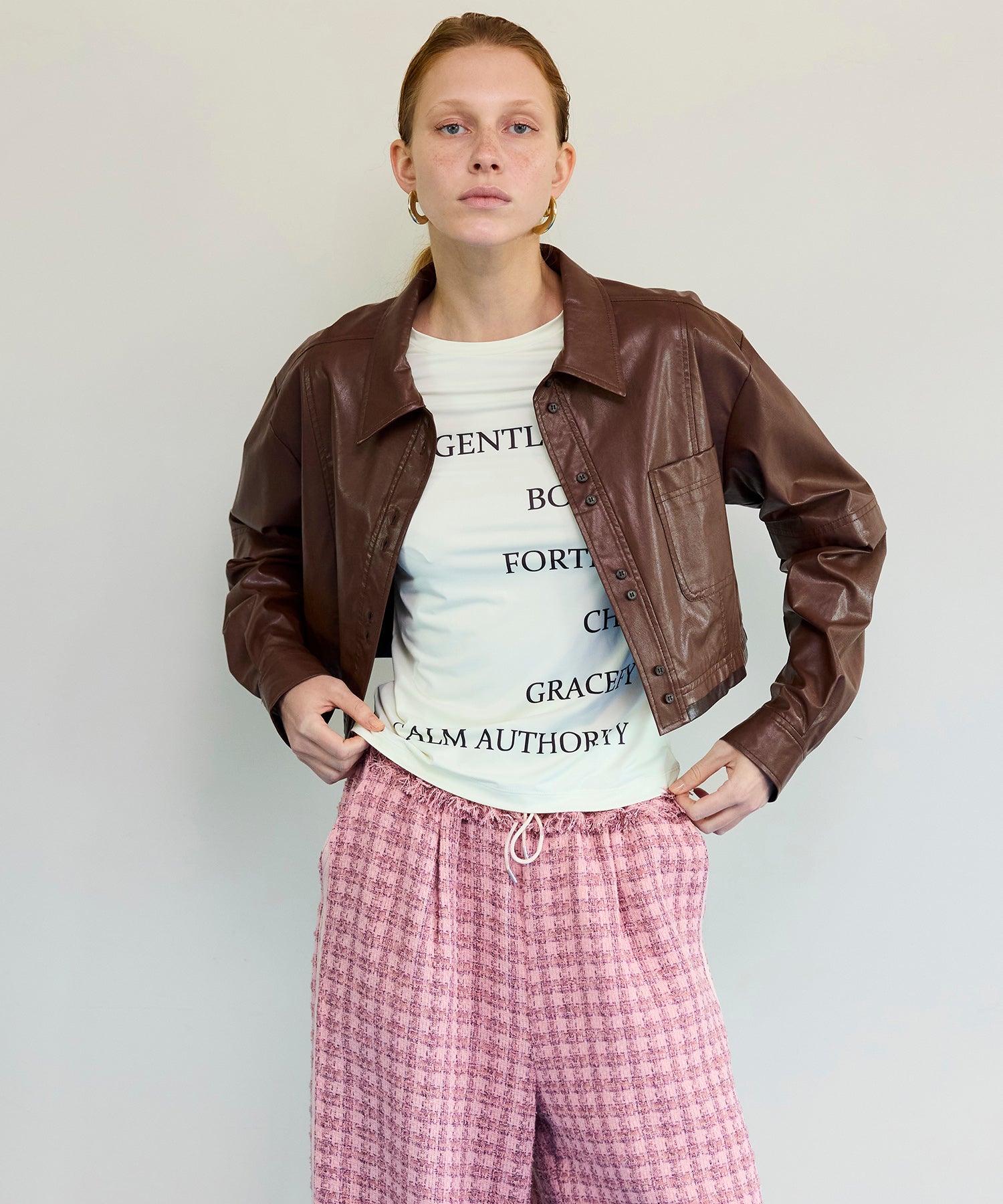 【say】ピンクとモカ Short Sleeve Shirt