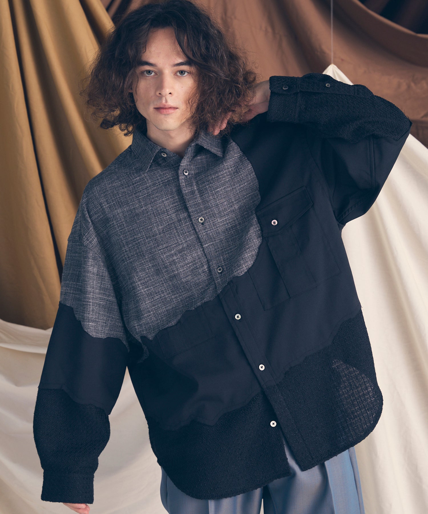 Zigzag Different Material Docking Prime-Over Shirt