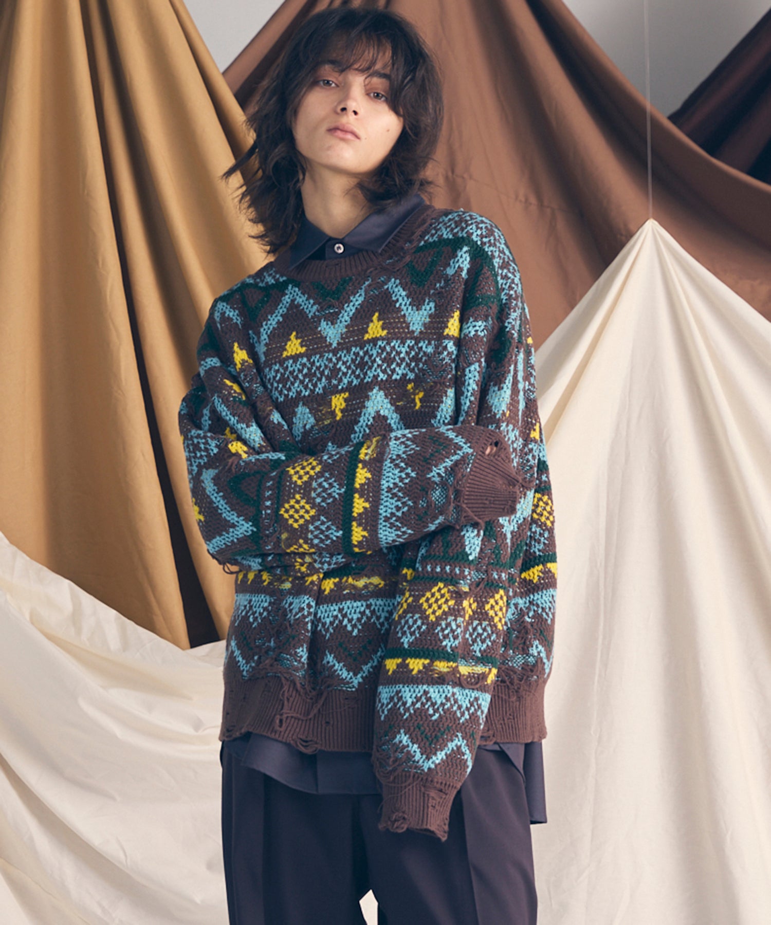 SALE】Nordic Damage Jacquard Prime-Over Crew Neck Knit Pullover