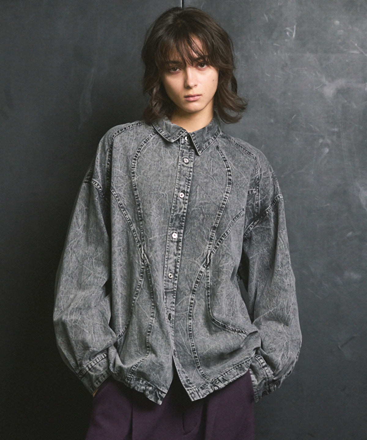 Denim Curved切换Shirt Blouson