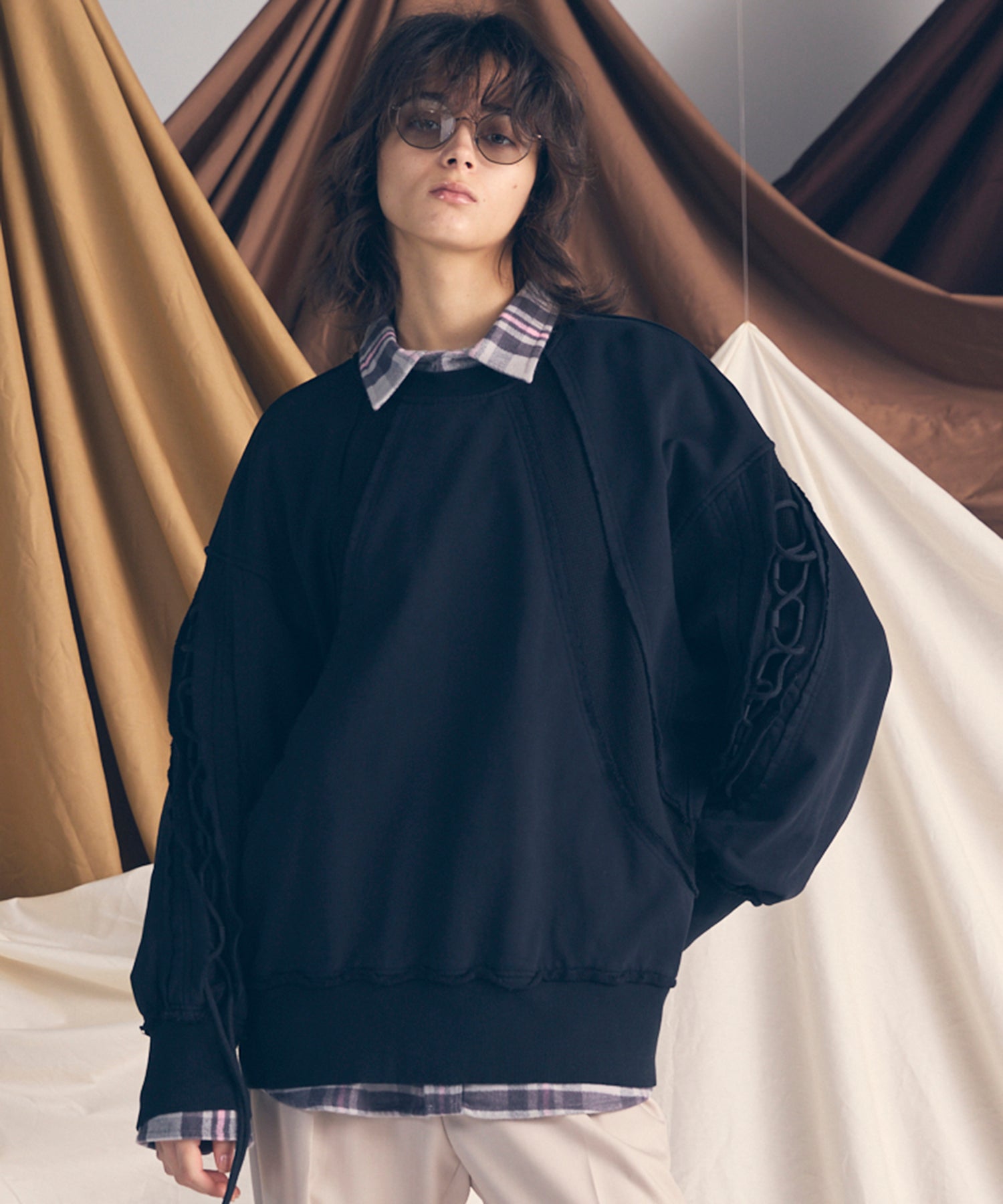 Waffle Switch Lace-up Sweat Prime-Over Crew Neck Pullover