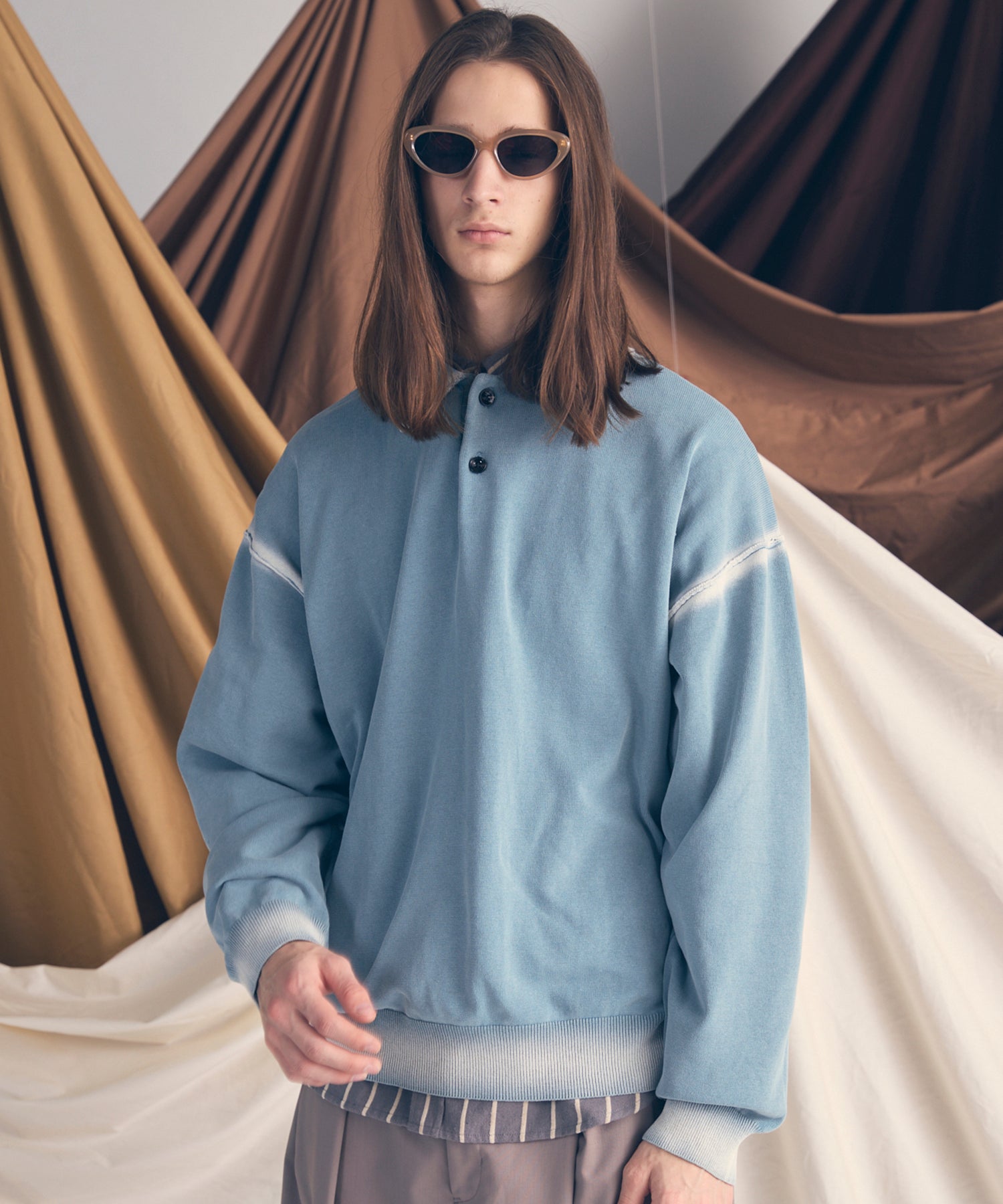 メゾンスペシャル High Twist Pigment Bleach Polo SALE】High Twist Pigment Bleach Prime-Over Long Sleeve Knit Polo Shirt