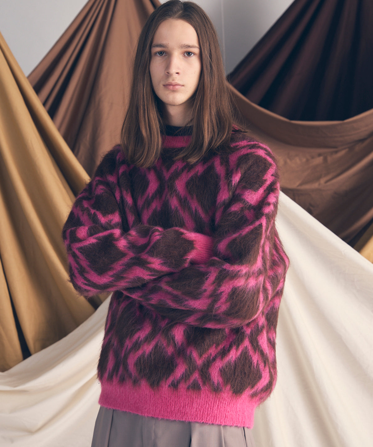 Diamond Geometric Pattern Prime-Over Crew Neck Mohair Shaggy Knit Pullover