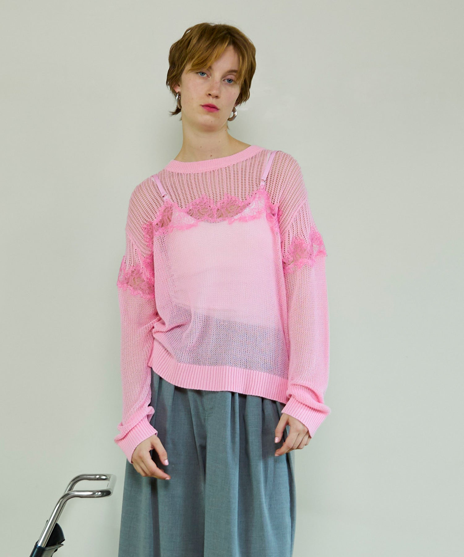 Lace-Combi Mesh Knit Pullover