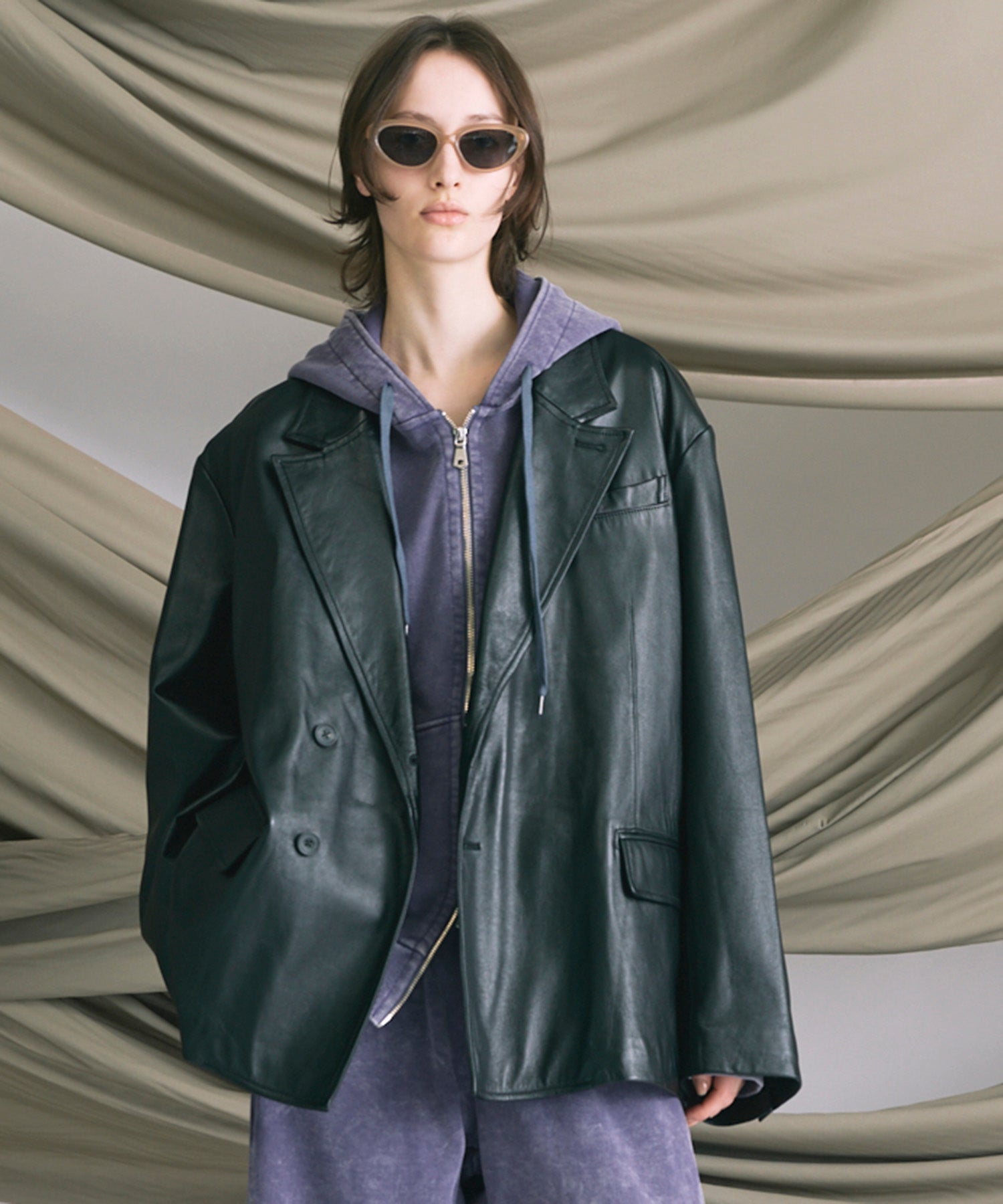 Sheep Leather Peaked Lapel Semi-Double Tailored Jacket