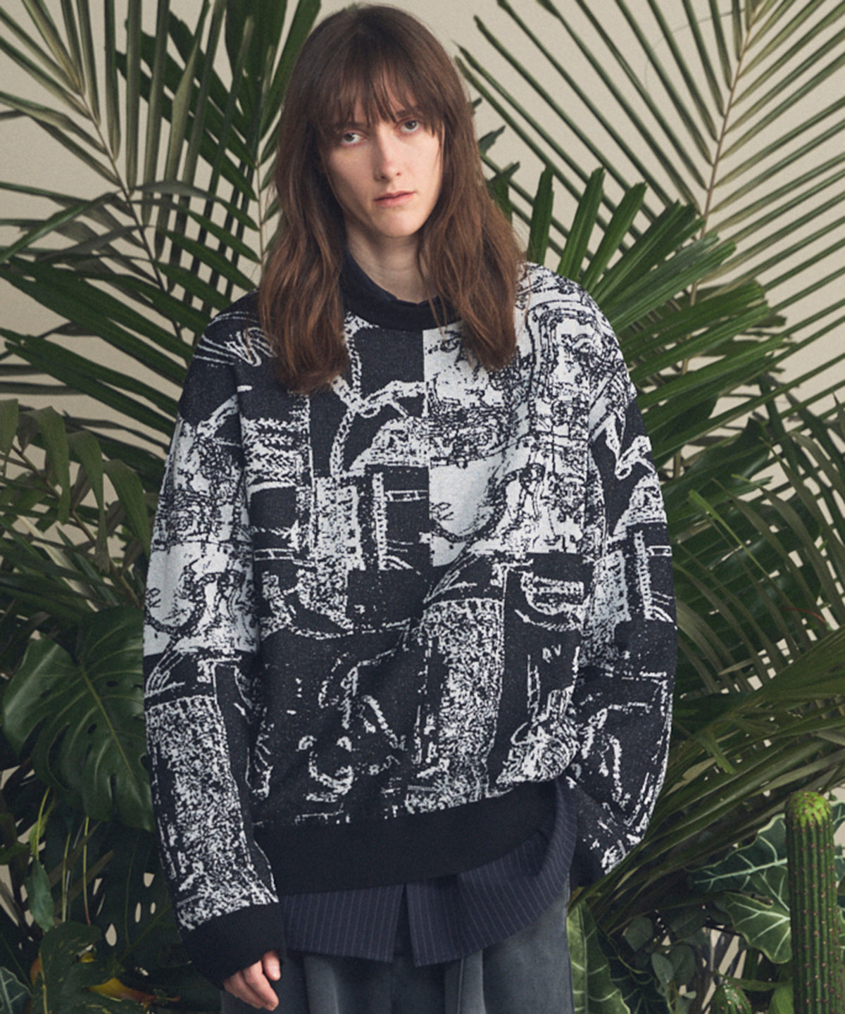 Scarf Collage Jacquard Prime-Over Crew Neck Knit Pullover