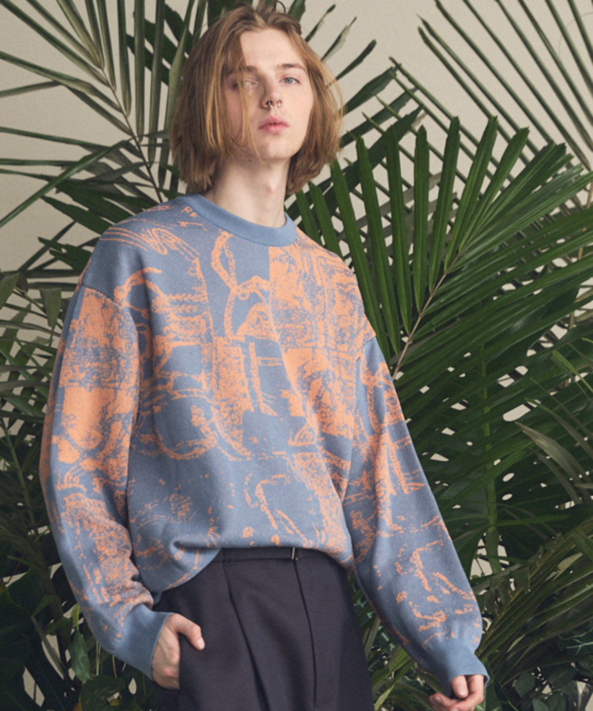 Scarf Collage Jacquard Prime-Over Crew Neck Knit Pullover