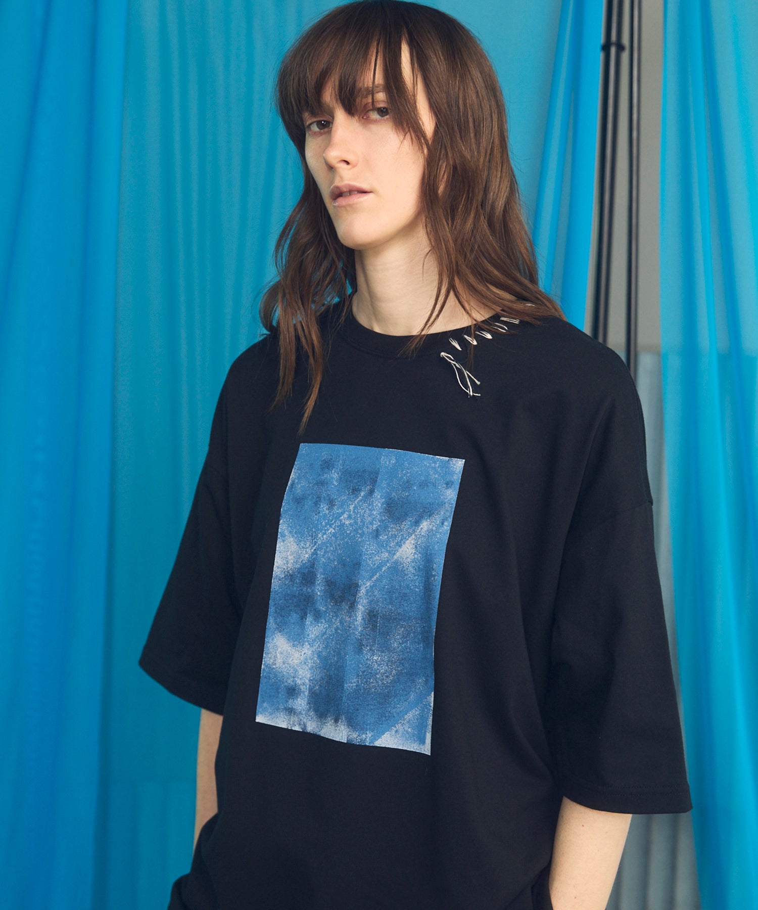 Abstract Hand-Printed Prime-Over Stitched Crew Neck T-shirt