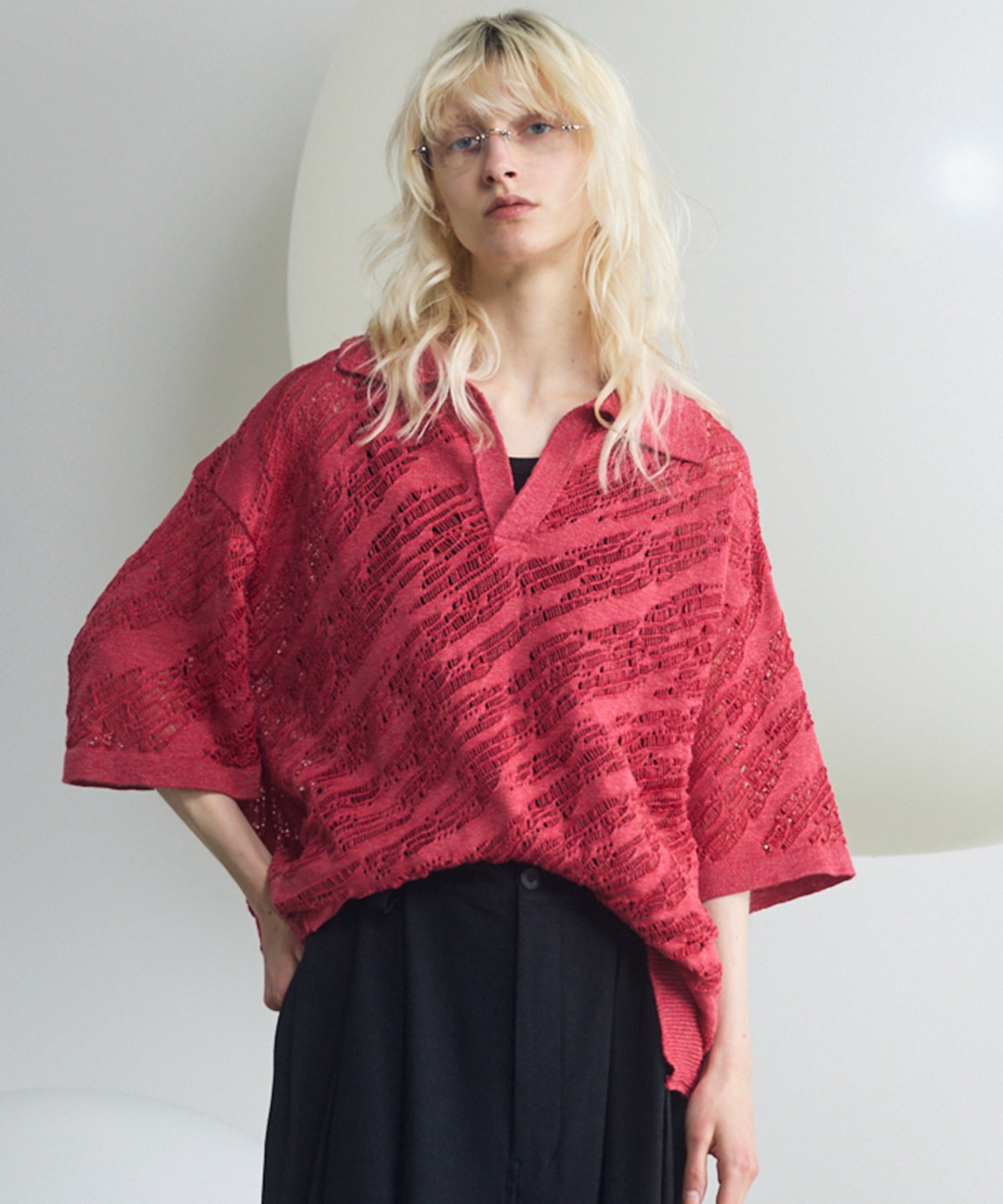 Random Bias Mesh Jacquard Prime-Over Knit T-shirt