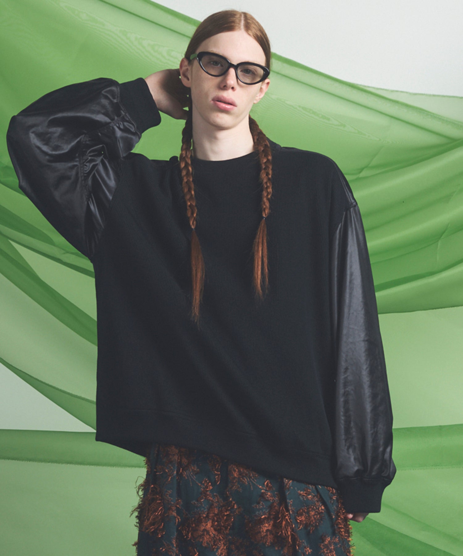 Leather-like Satin Docking Prime-Over Crew Neck Knit Pullover