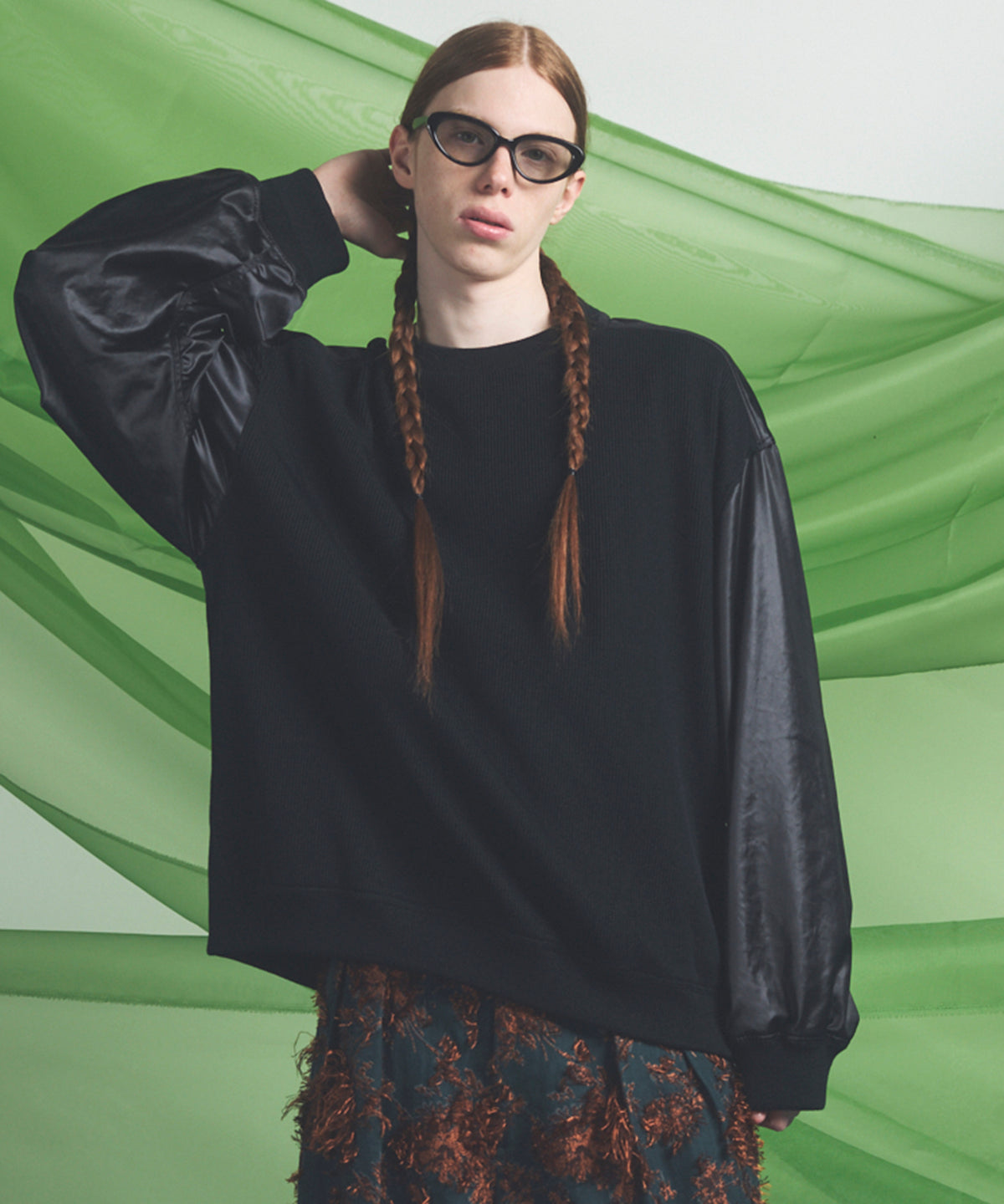 Leather-like Satin Docking Prime-Over Crew Neck Knit Pullover