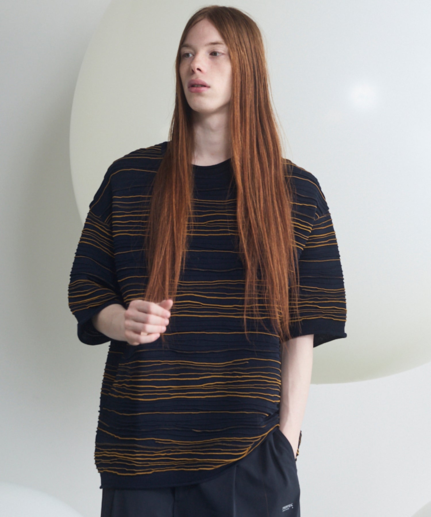 Drawing Pintuck Border Prime-Over Short Sleeve Knit T-shirt