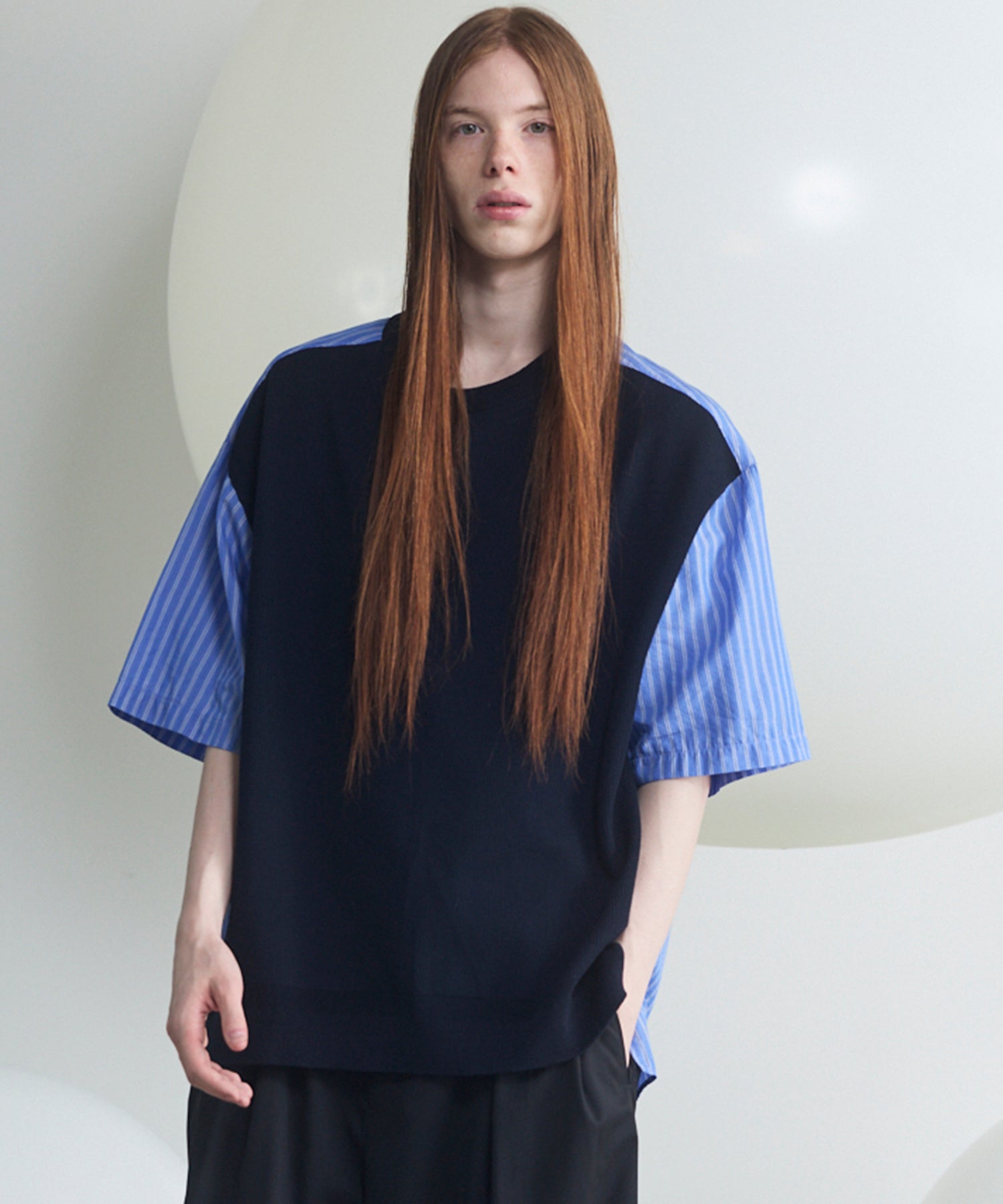 ONE SHOULDER DOCKING SHIRTS 本日限定¥7500- Shirt Docking Prime-Over Short Sleeve Knit T-shirt