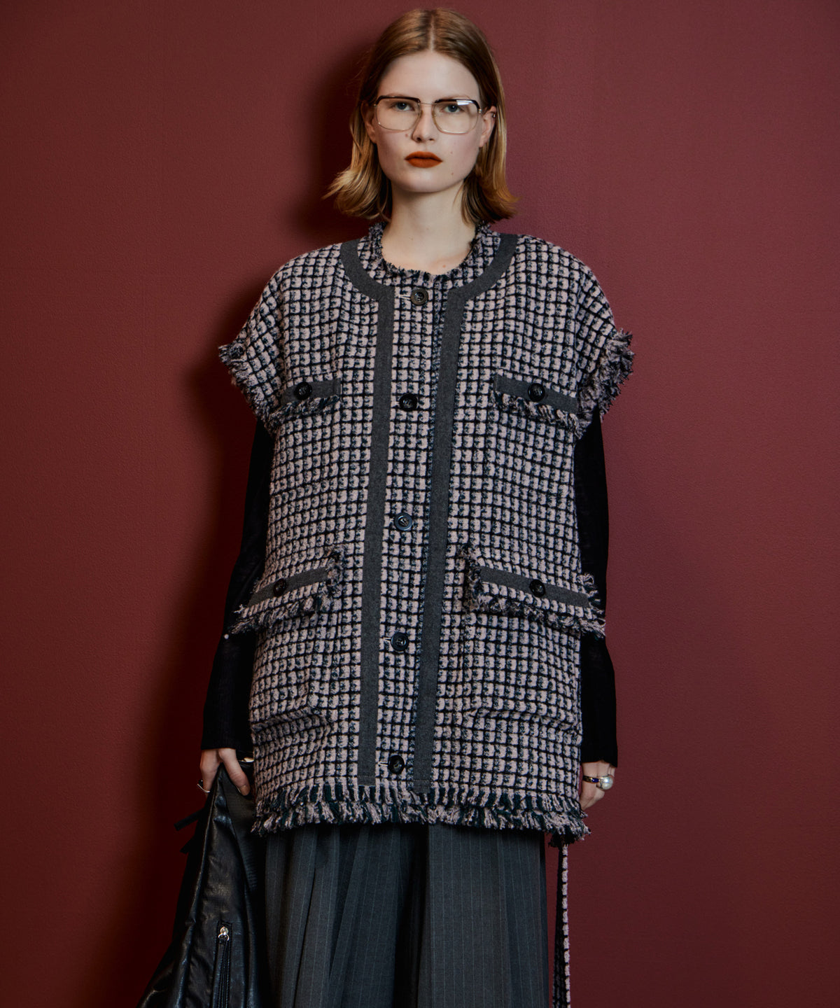 Belted Tweed Oversized Vest