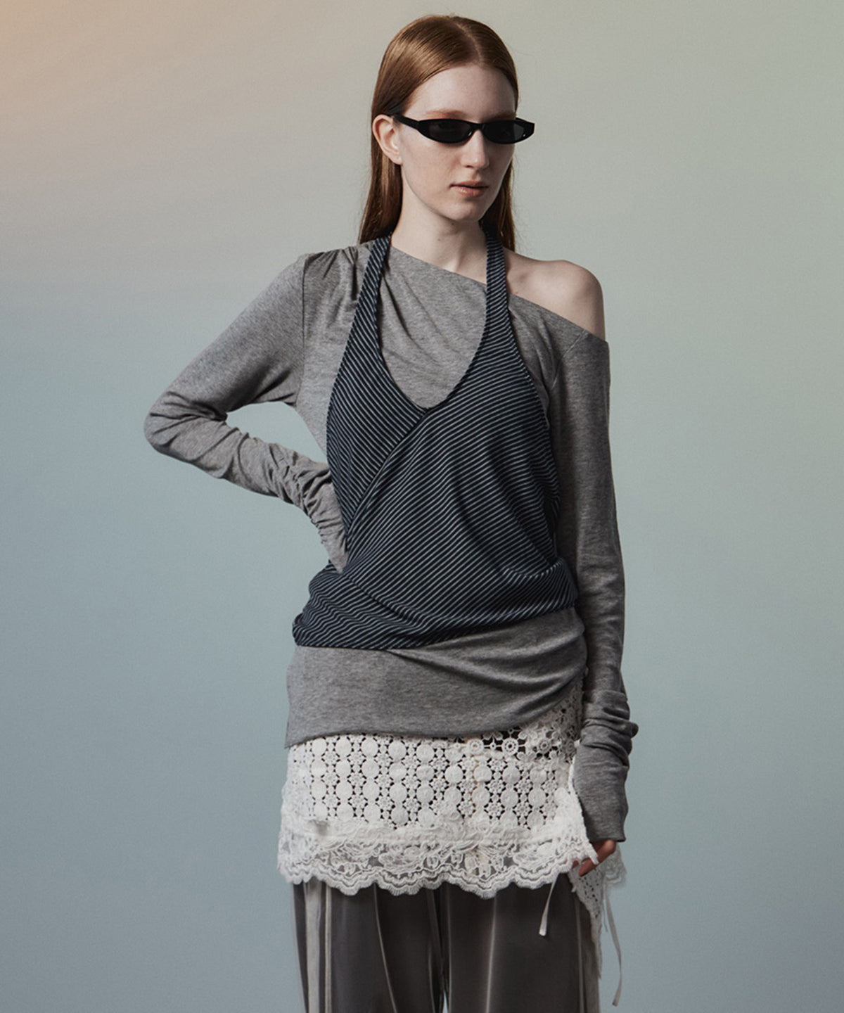 Border Halter Layered Off-Shoulder Top