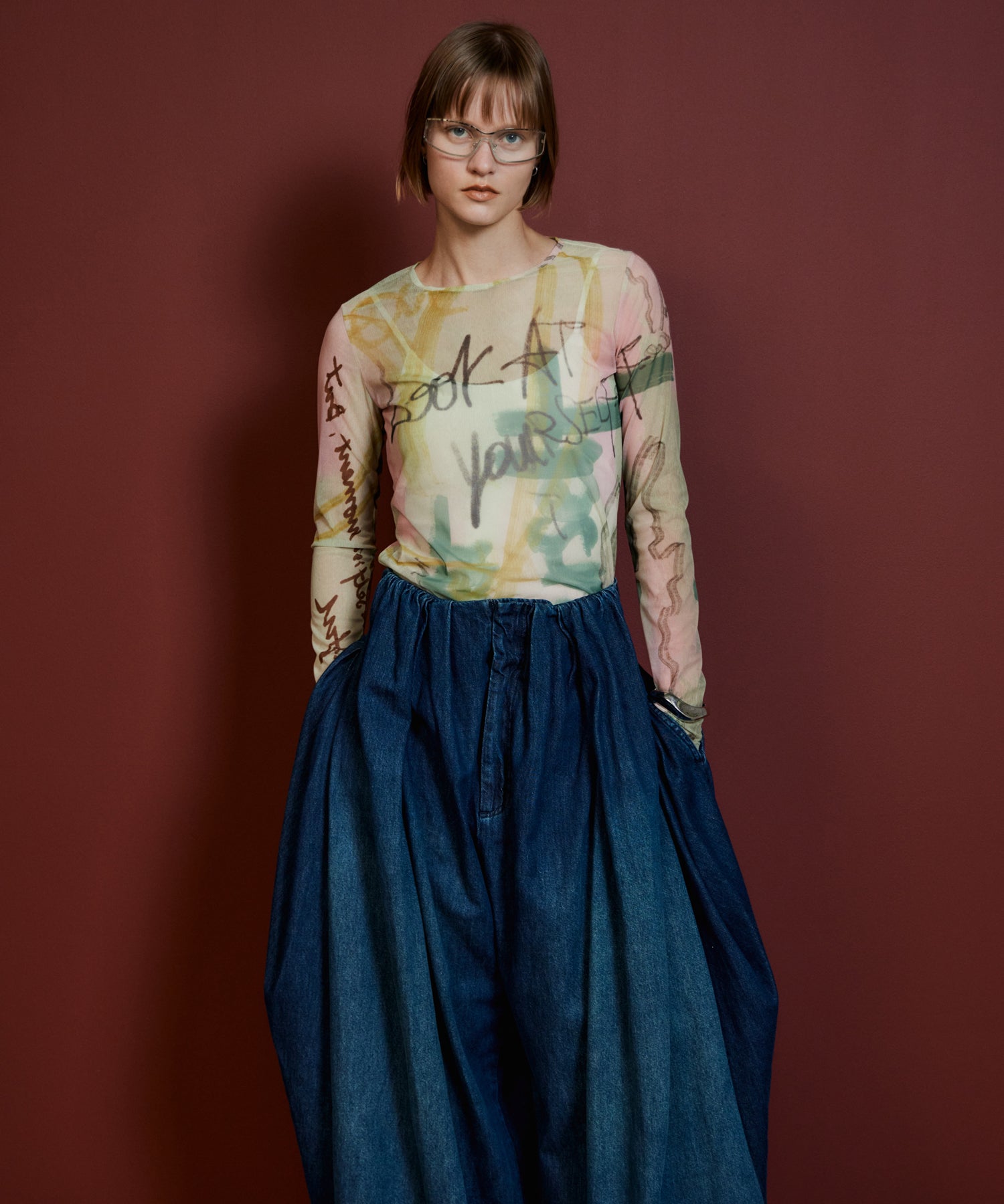 限定セール日曜までMAISON SPECIAL Sheer Tops 26AUTUMN PRE-ORDER】Look at Yourself Logo Sheer Top