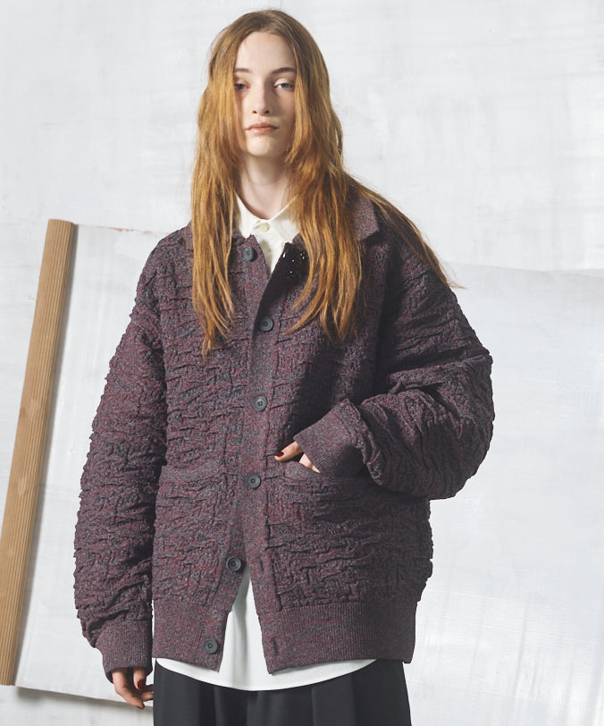26AW PRE-ORDER】Melange Random Tucks Prime-Over Collared Knit Cardigan