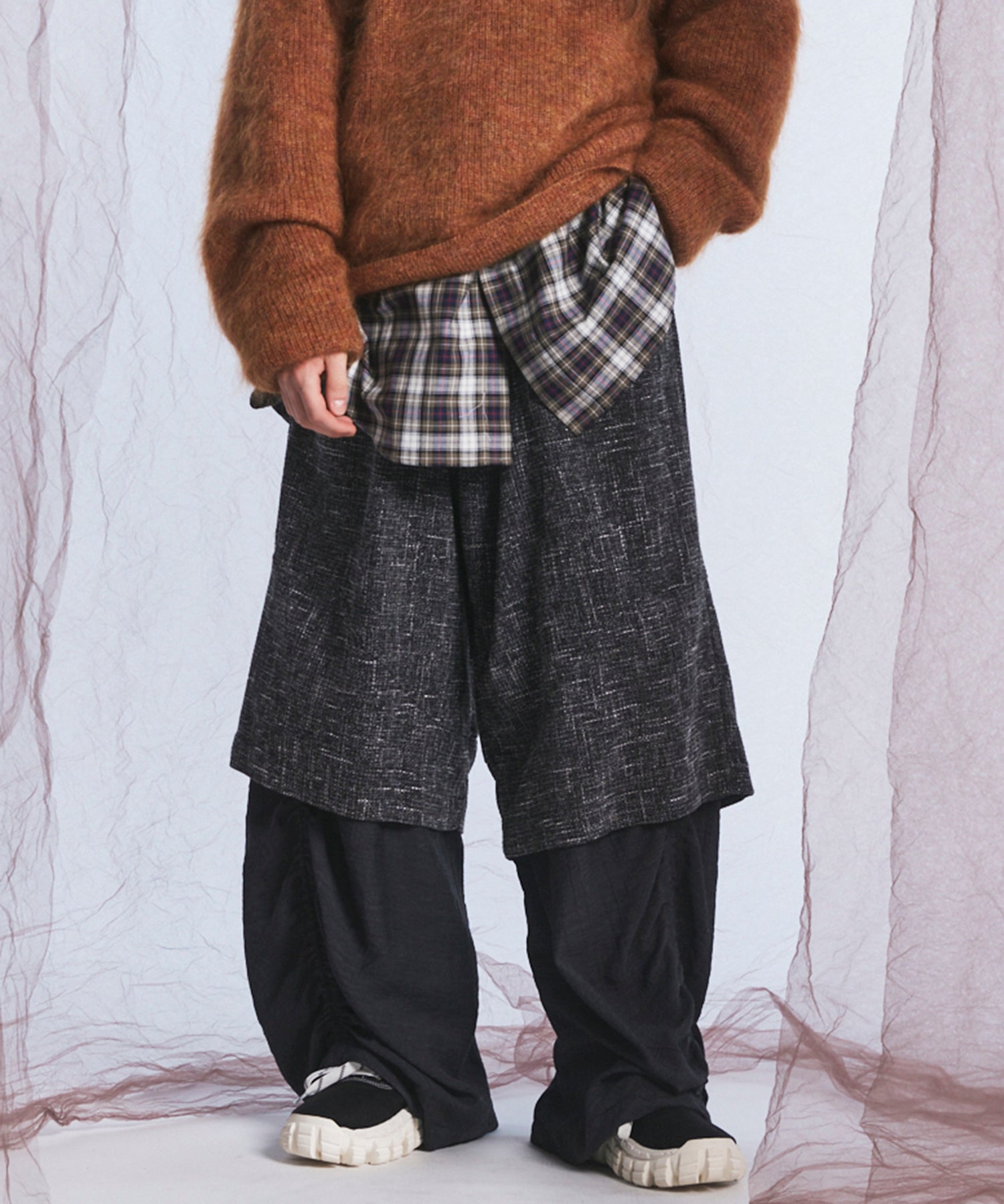 26SS PRE-ORDER】Tweed Layered Prime-Wide Shirring Detail Pants