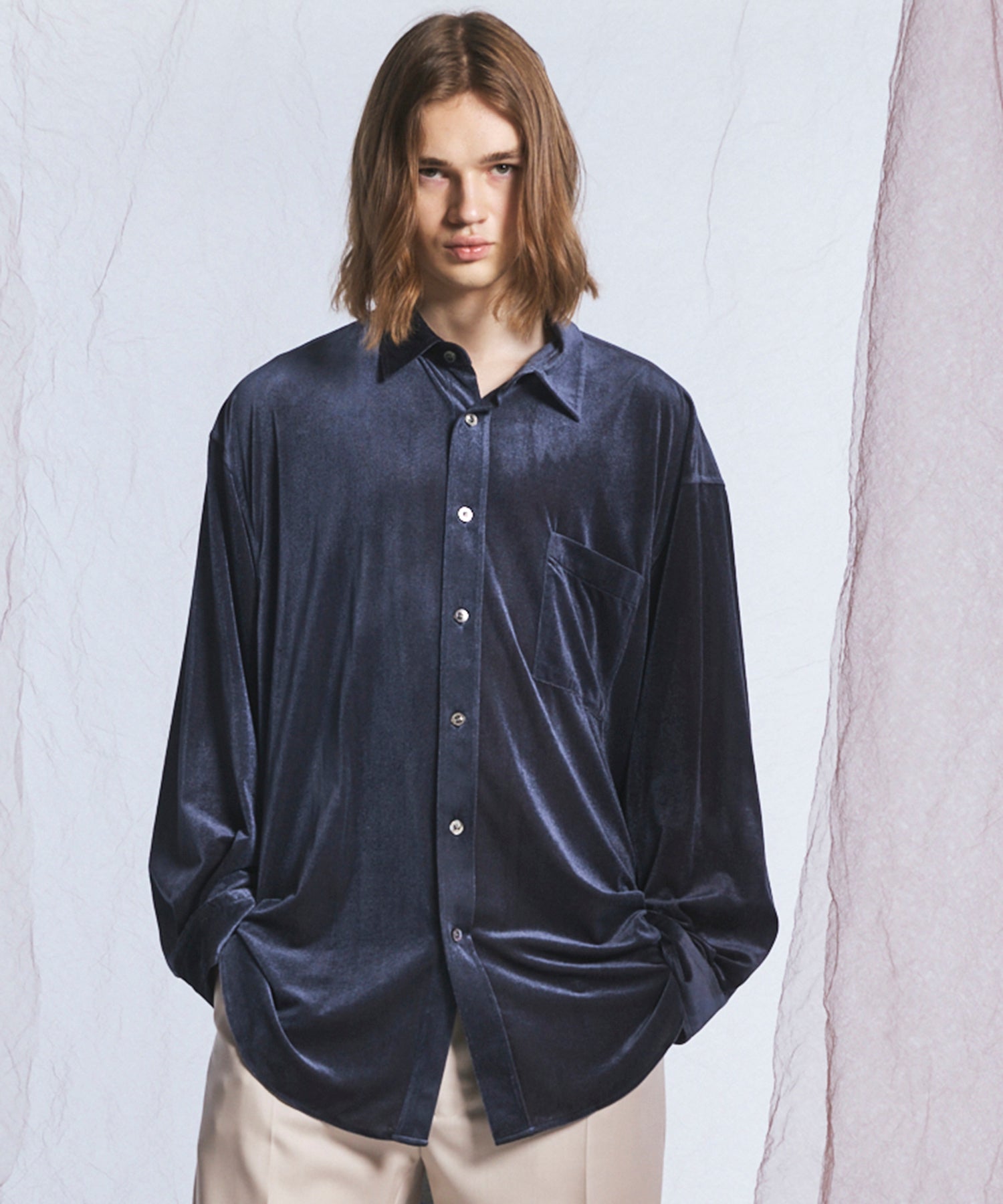 26AW PRE-ORDER】Glossy Velour Prime-Over Long Sleeve Shirt Coat