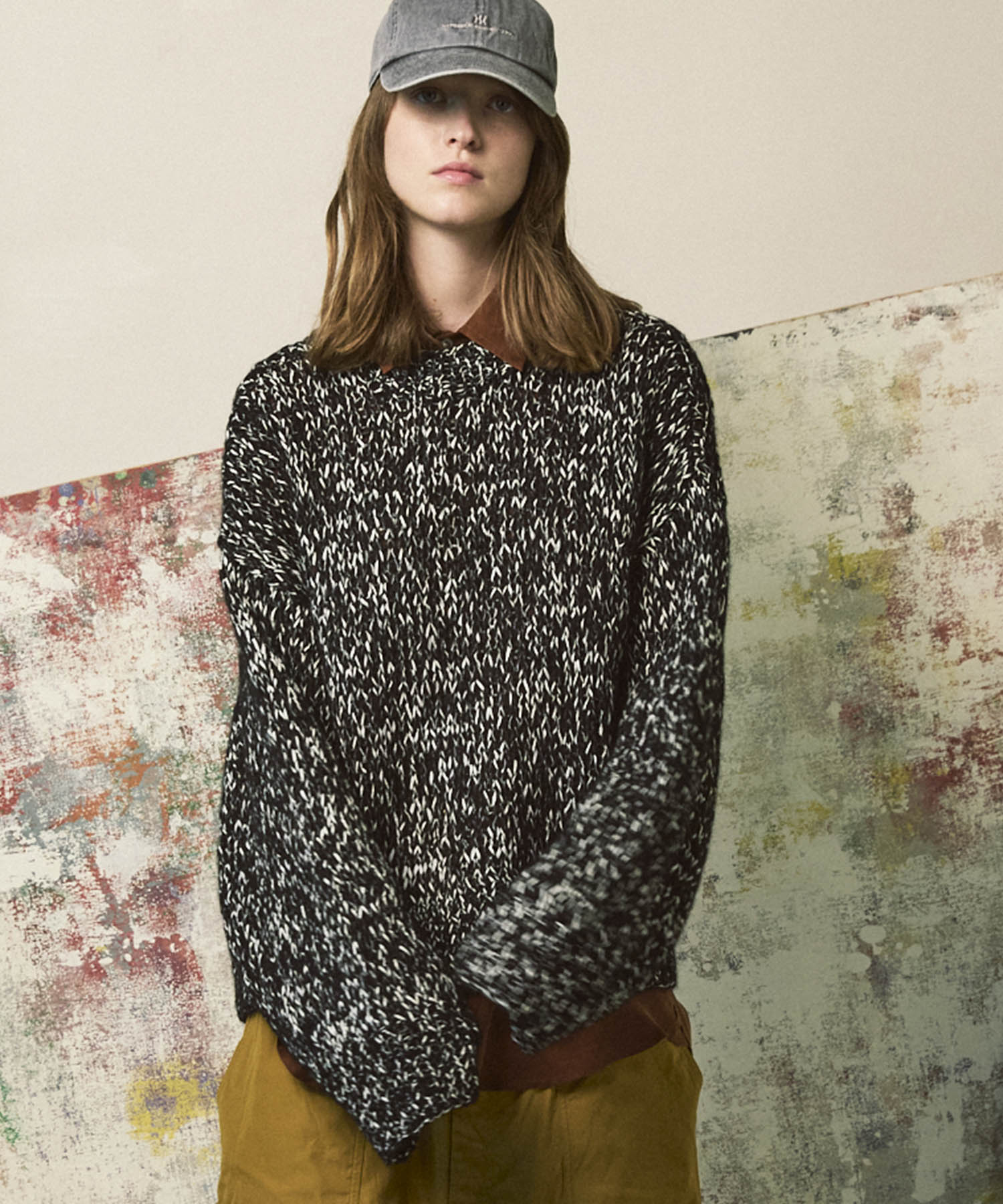 Tape Yarn Mix Hand Knitting Prime-Over Crew Neck Knit Pullover