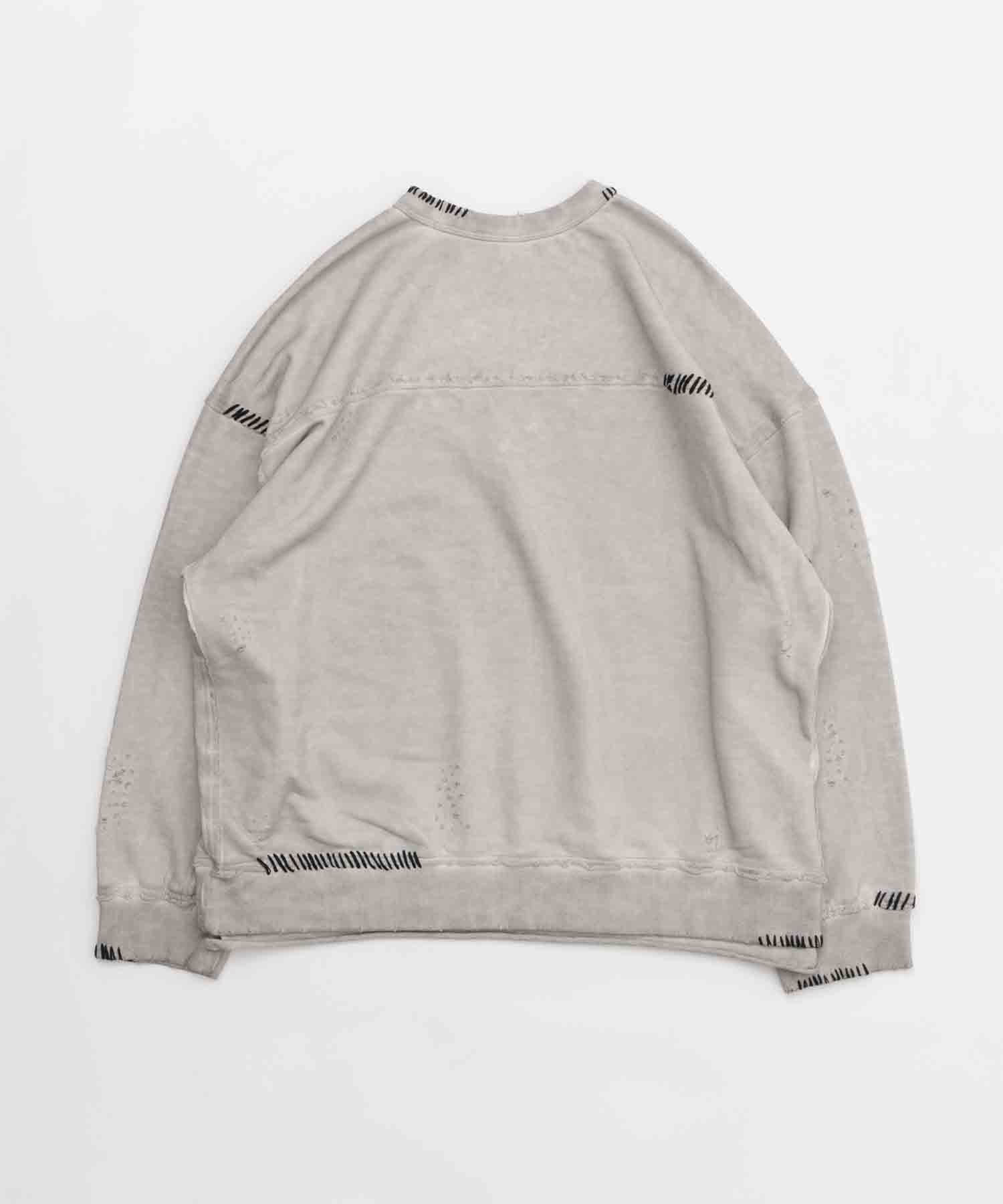 Heavy-Weight Sweat Embroidery Damage Over-Dye Crew Neck Pullover