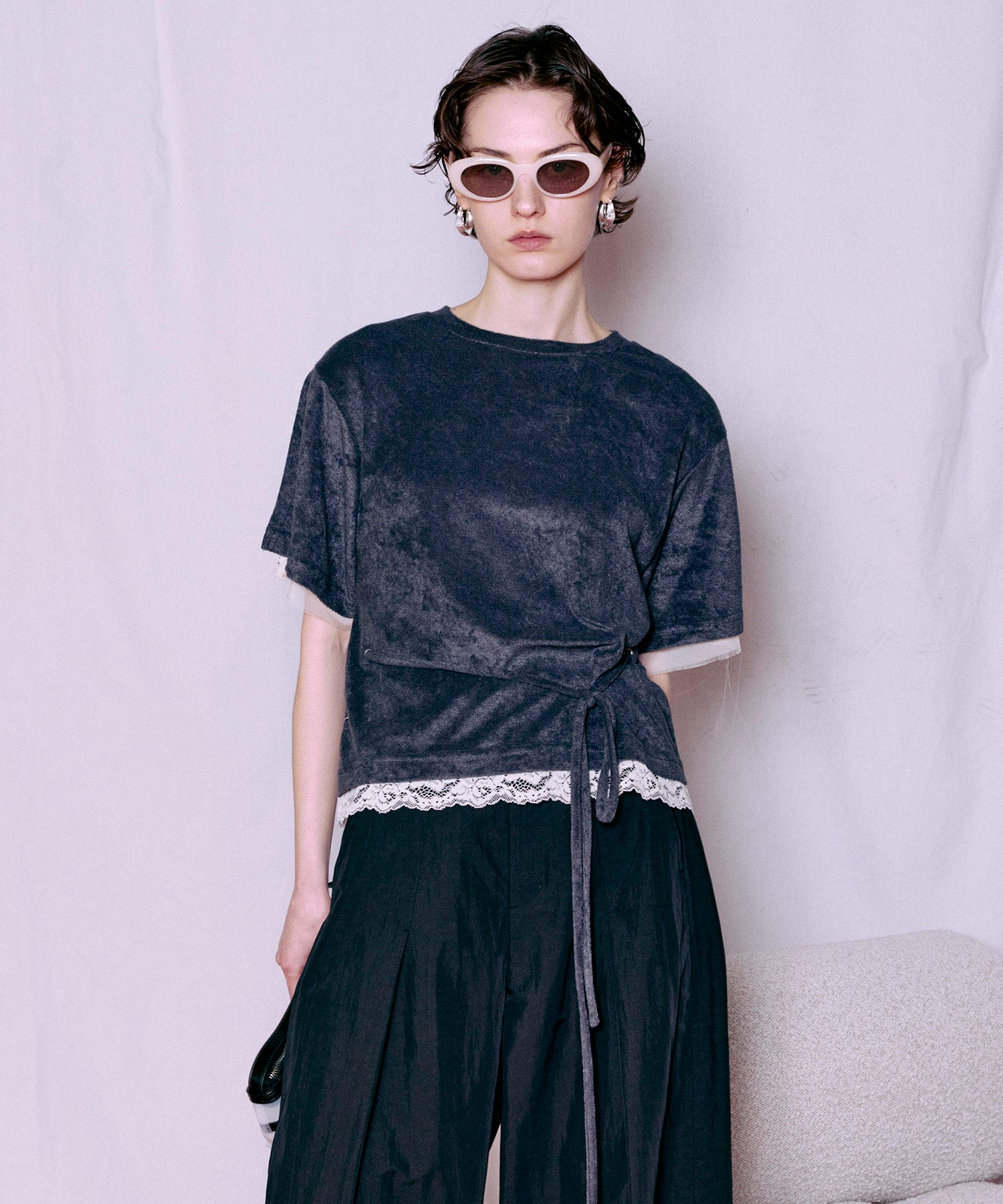 トップス 335 2WAY Lace Trim Pile T-Shirt
