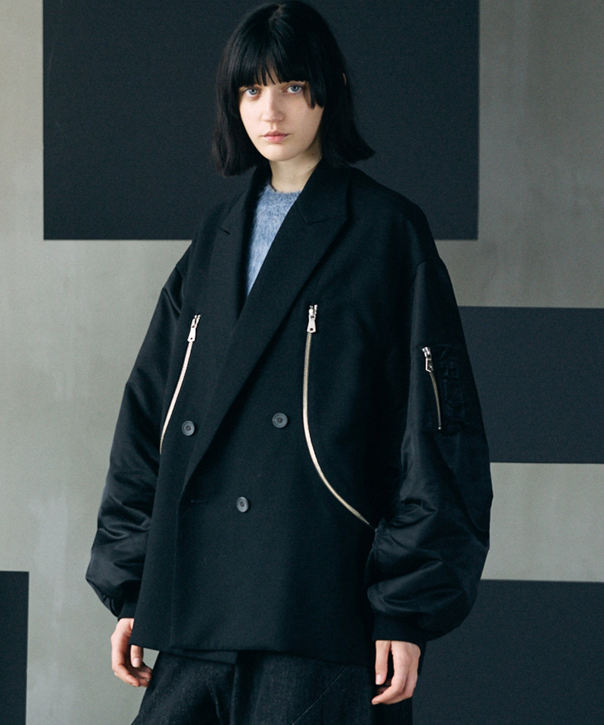 Prime-Over MA-1 Sleeve Double Breasted Curved Zip Tailored Jacket