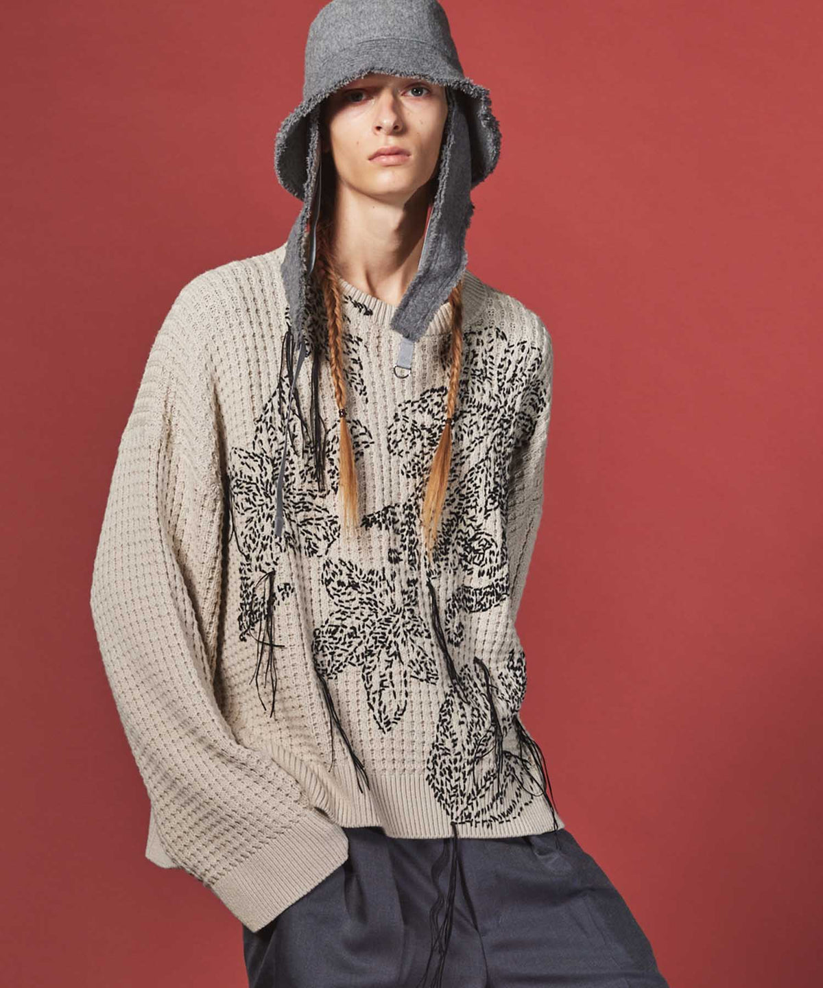 【SALE】Oni-Waffle Hand Stitch Botanical Embroidery Prime-Over Crew Neck Knit Pullover
