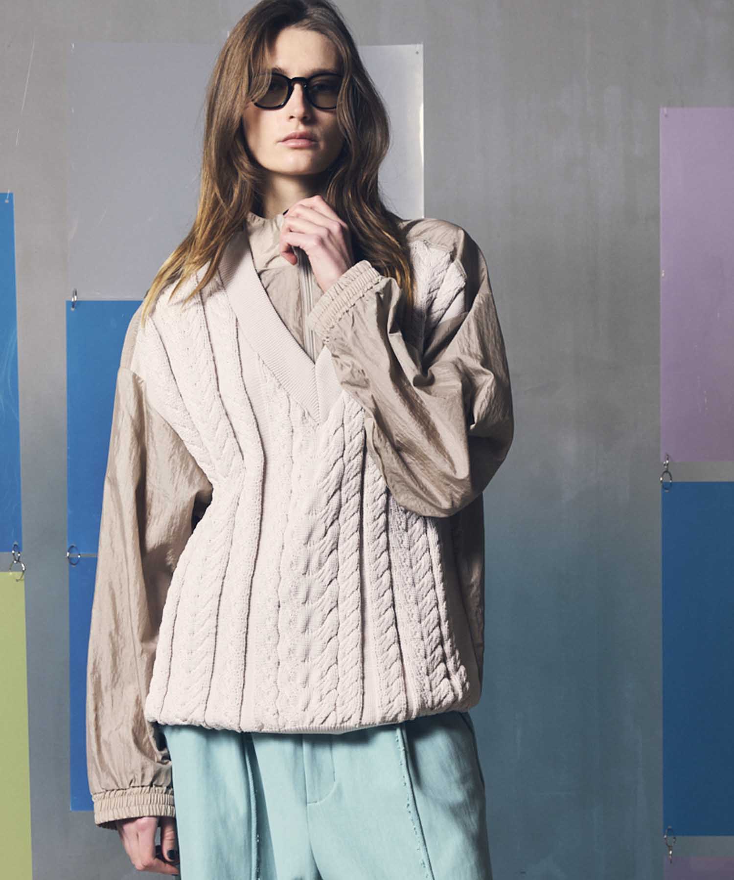 Cable Knit Combination Prime-Over Woven Shirt Half-Zip Pullover