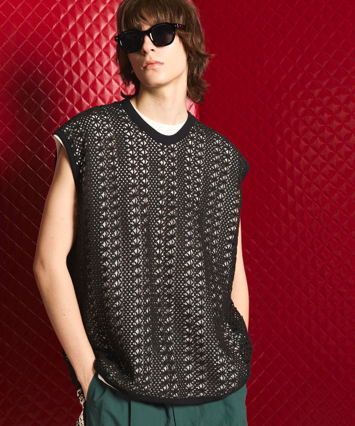 【24SS PRE-ORDER】Crochet Like Mesh Prime-Over Sleeveless T-Shirt