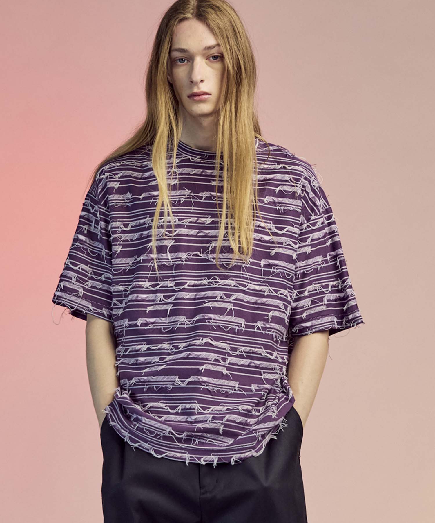 SALE】Back Cut Jacquard Multi Border Prime-Over Crew Neck T-shirt