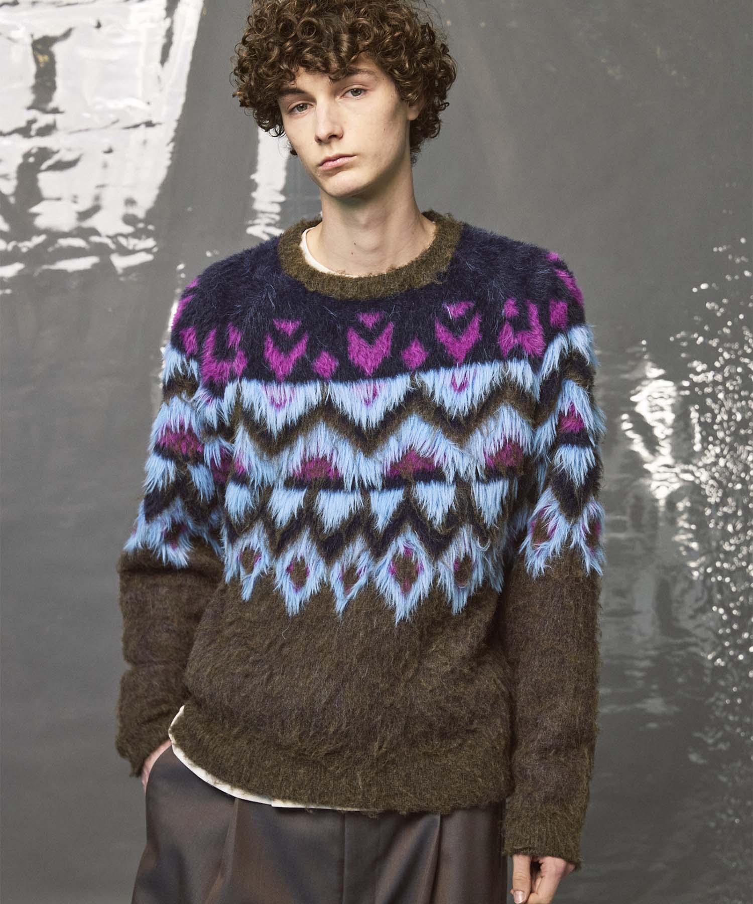 Fair Isle Shaggy Mix Jacquard Knit Pullover