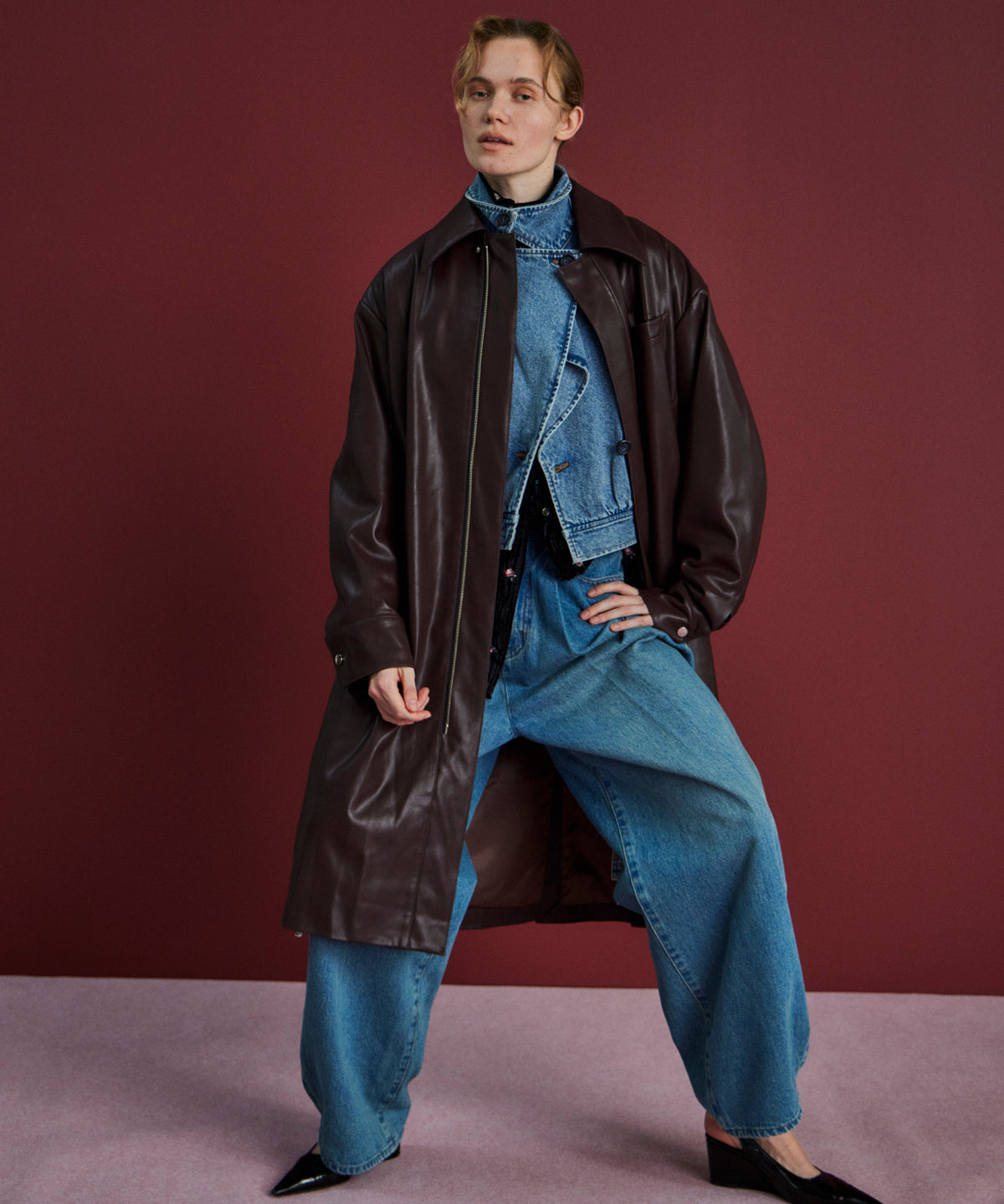 Soutien Collar Leather Long Coat