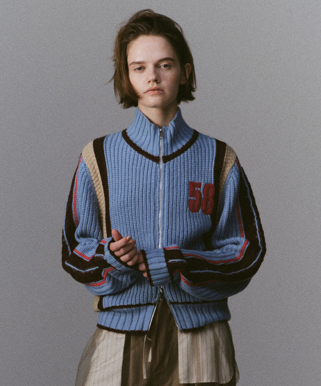 Numbering High Neck Zip Knit Tops