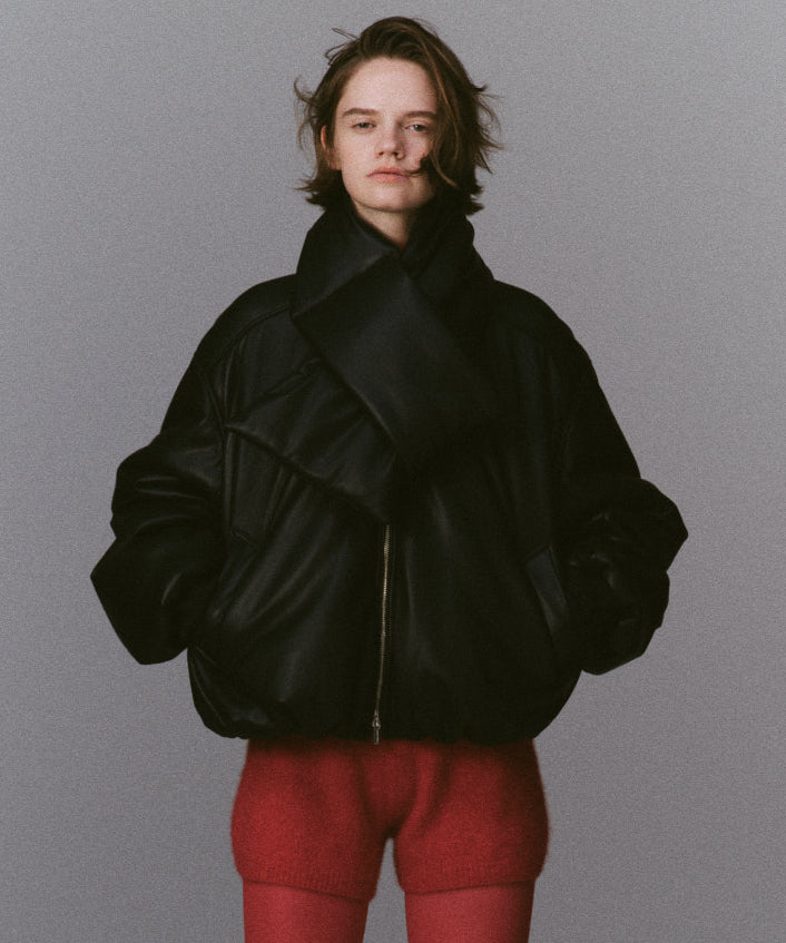 Leather Puffer Jacket With Muffler