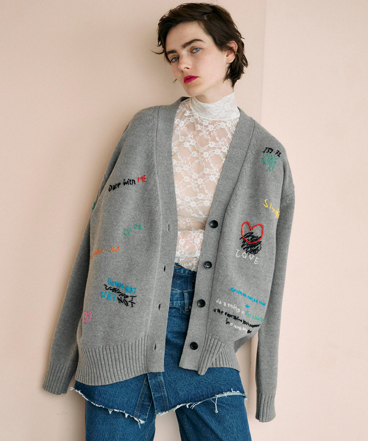 【23AW PRE-ORDER】Life Word Embroidery Knit Cardigan