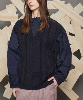 Cable Knit Combination Prime-Over Woven Shirt Half-Zip Pullover