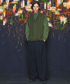 Cable Knit Combination Prime-Over Woven Shirt Half-Zip Pullover