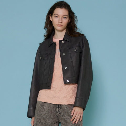 SALE】Washed Vegan Leather Short Length Blouson