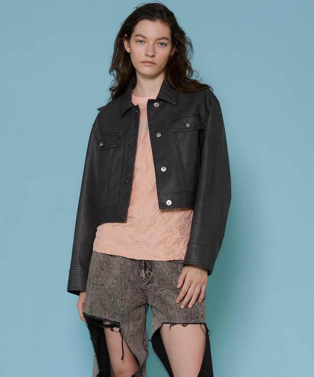 SALE】Washed Vegan Leather Short Length Blouson