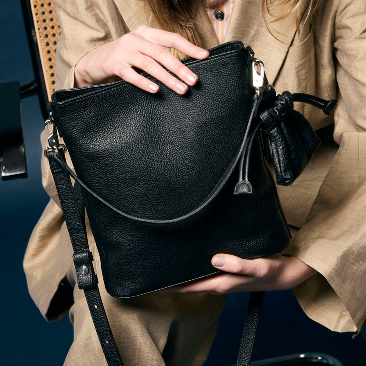 2WAY Leather Mini Shoulder Bag With Drawstring Charm