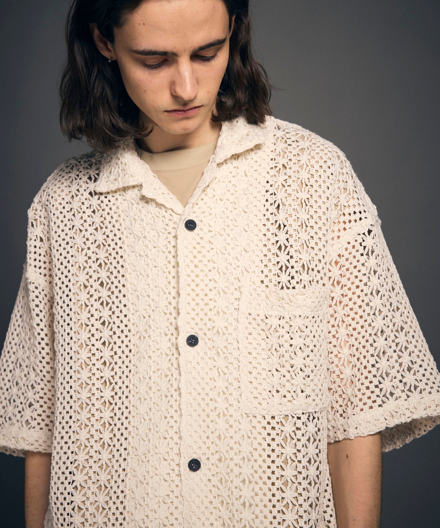 Crochet Like Mesh Prime-Over Short Sleeve Shirt