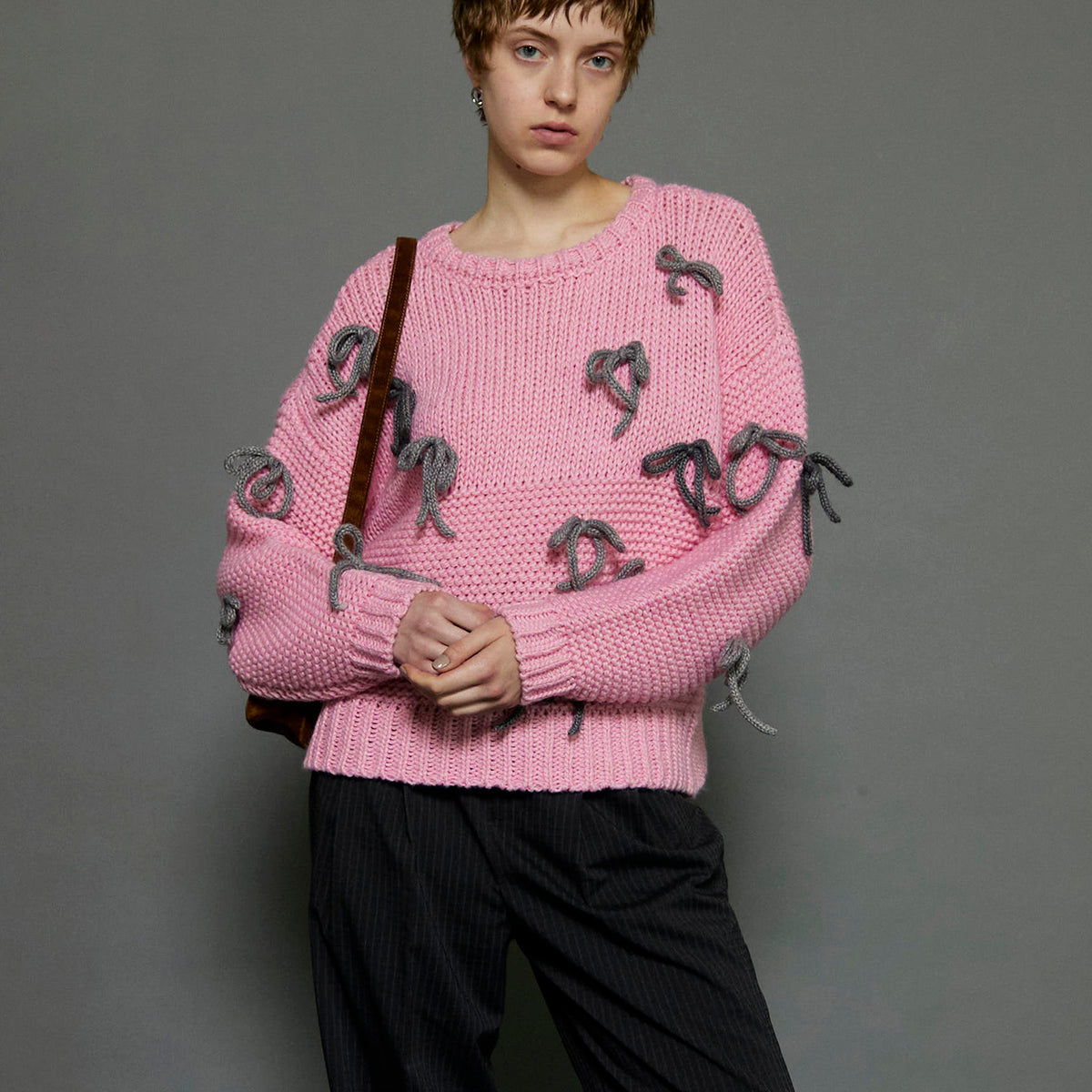 mmeeme Ribbon ribbed knit リボン ニット トップス SALE】Random Ribbon Knit Tops