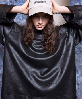 Leather-Like Prime-Over Mock Neck Pullover