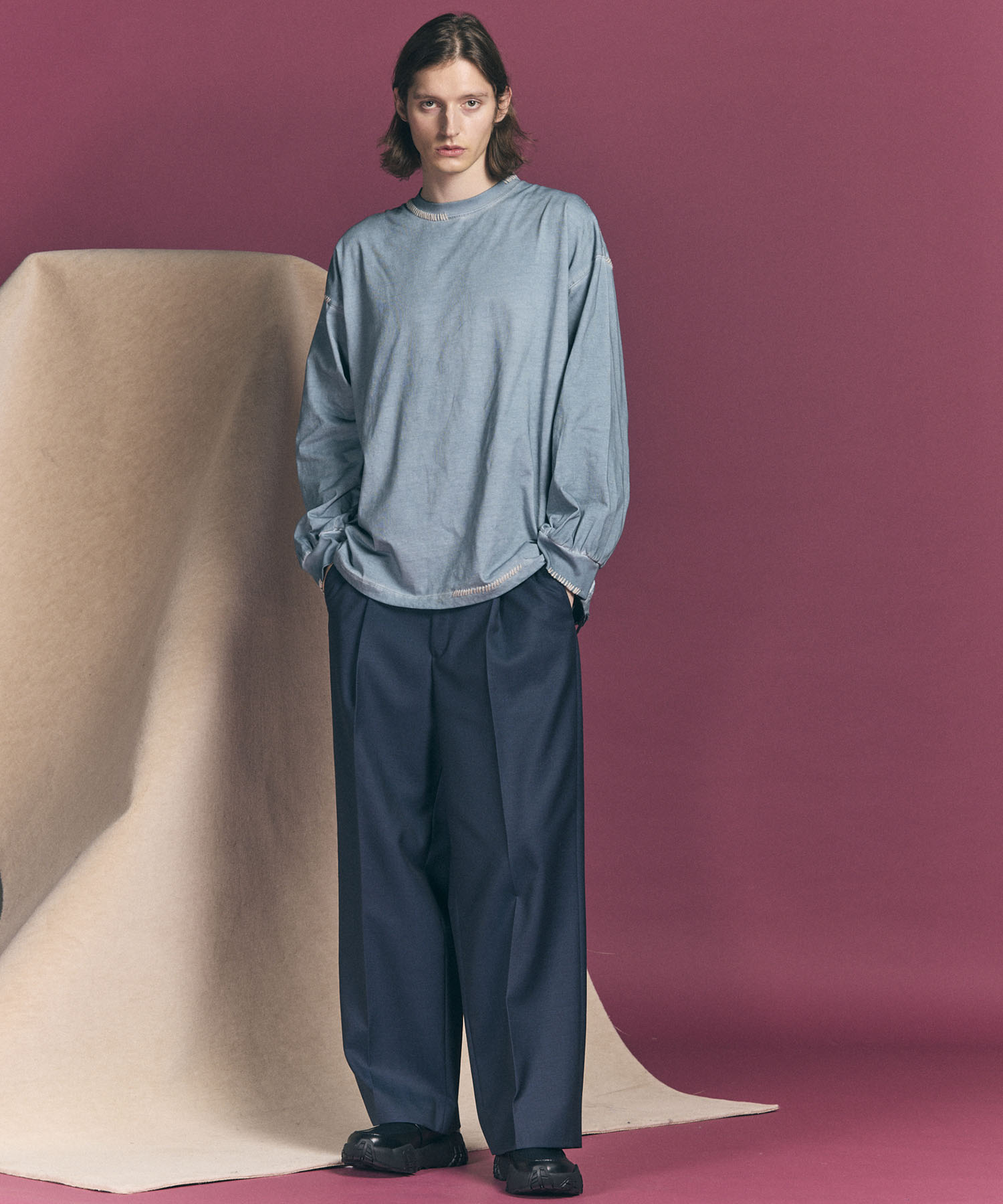 4 Colors CHAMBRAY WASHABLE WOOL PRIME-WIDE ONE TUCK PANTS