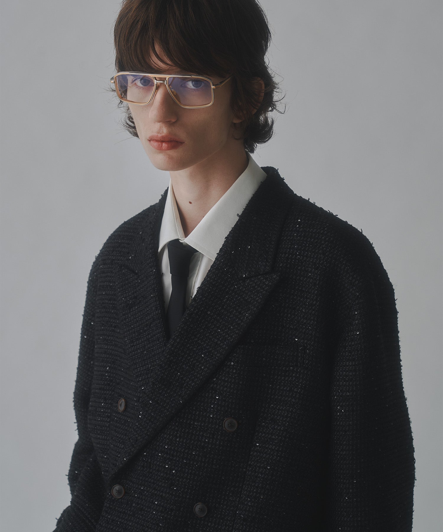 【MAISON SPECIAL for 久遠】Prime-Over Sparkly Black Peaked Lapel Double Jacket